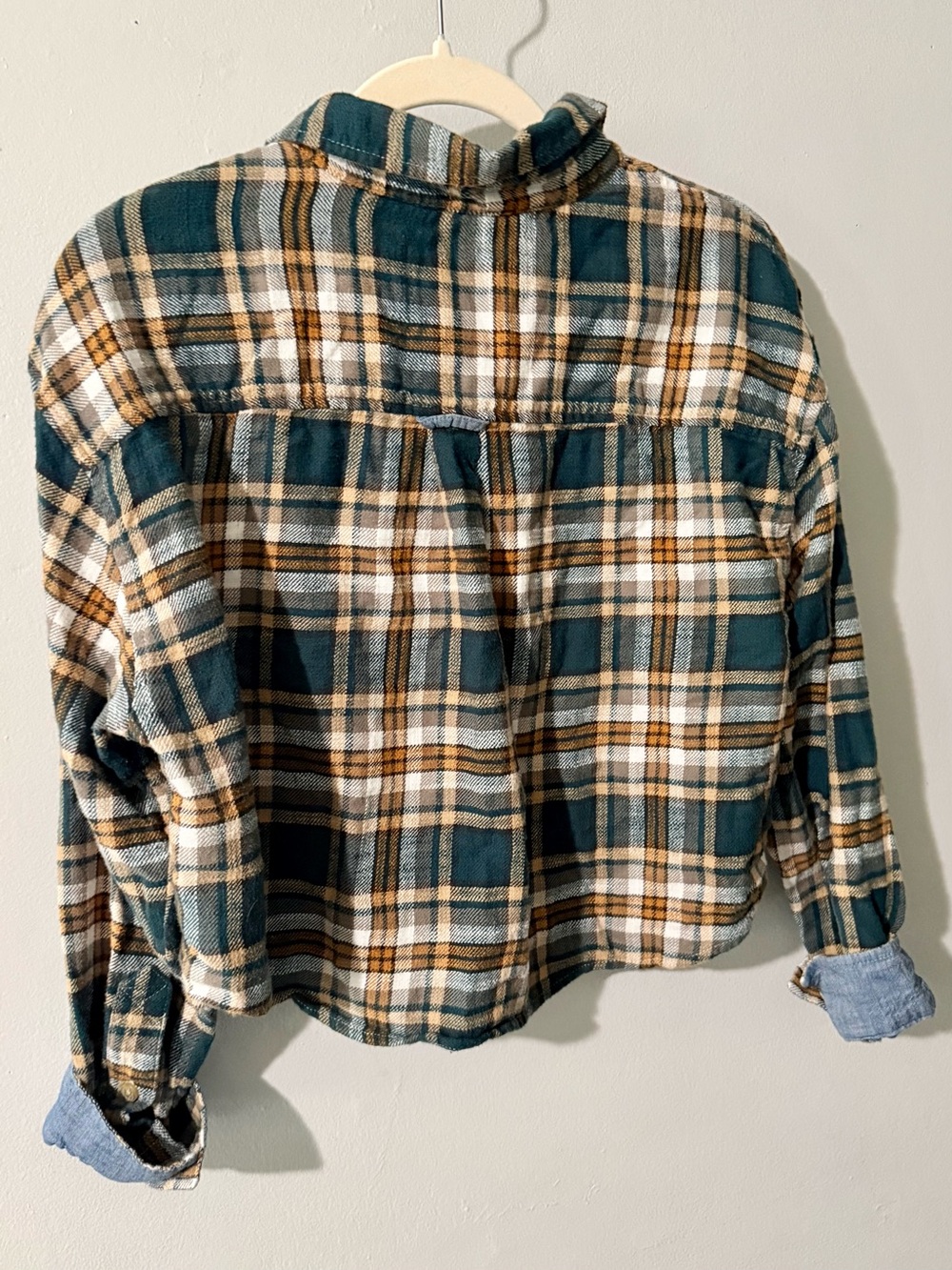 American Eagle Teal, Brown & White Plaid Button-Down Shirt w/denim roll up cuffs - Picture 4 of 8
